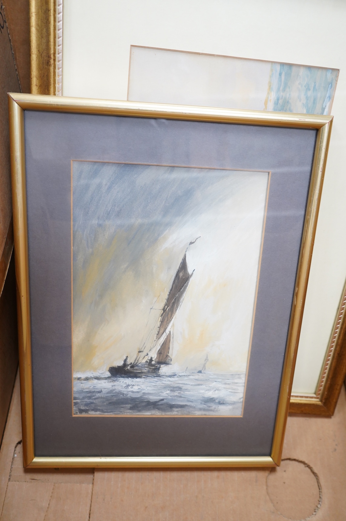 Late 19th / early 20th century, Maritime interest, Boats at sea before a castle, oil on board, together with six similar watercolours to include examples by Frederick James Aldridge and B. McKinley, largest 24 x 34cm